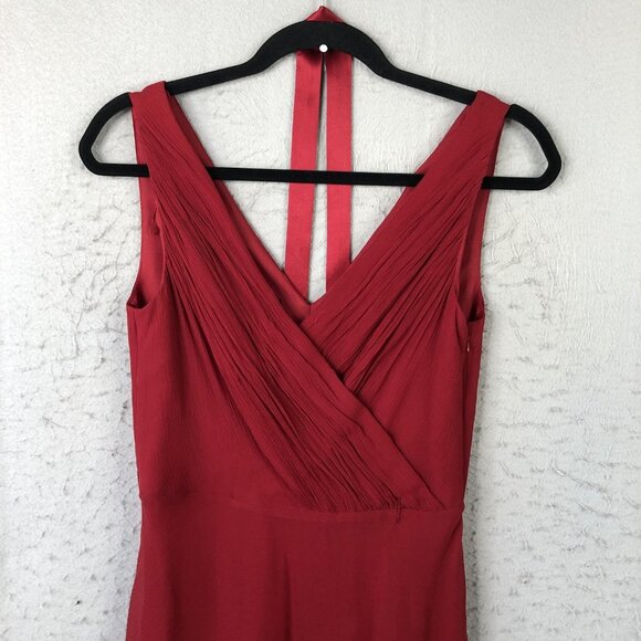 Donna Morgan Dress Womens 6 Red Silk Midi V Neck Pleated Bodice Formal Cocktail - Picture 6 of 15
